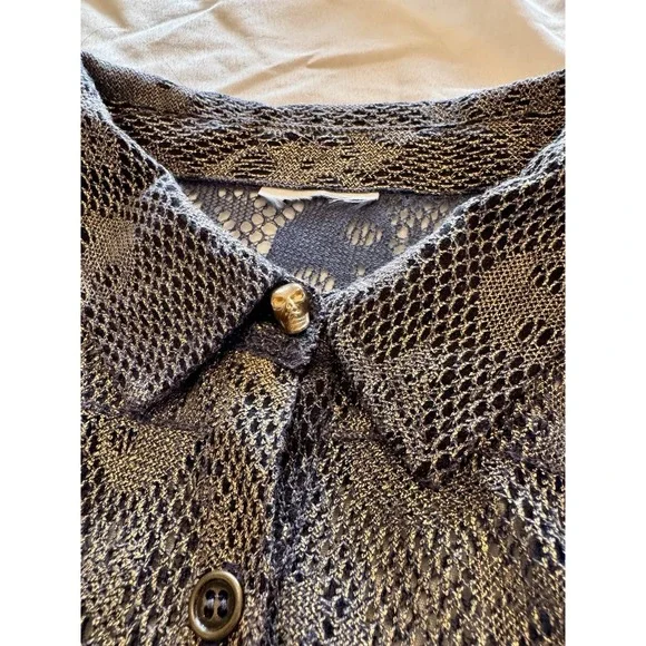 Ladies Medium Black/White Checkered‎ Skull Lace Back Button Up Collared Shirt - Picture 3 of 11